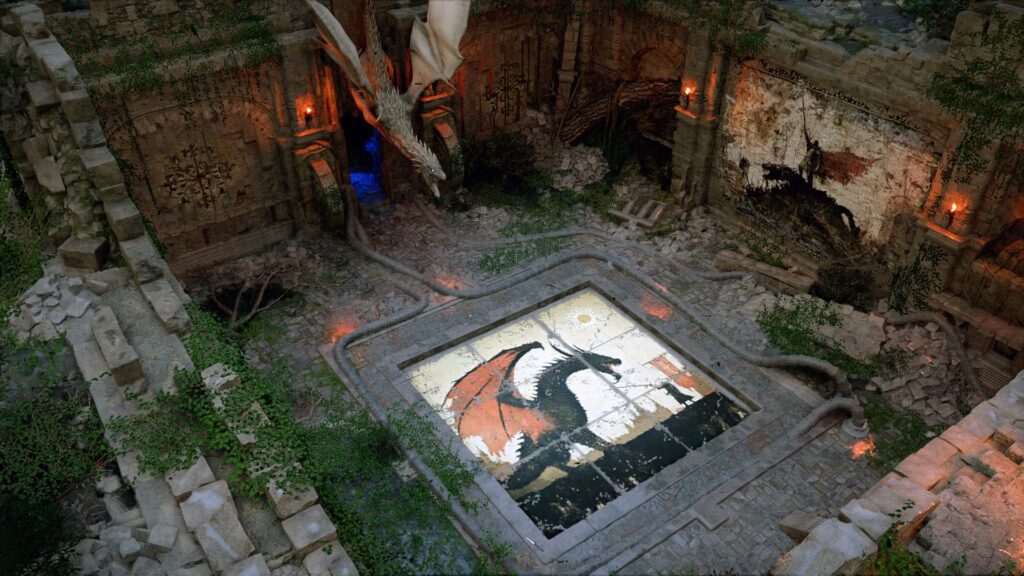 Ruinas de cabeza de dragón de Deepfog Basin en el desierto carmesí