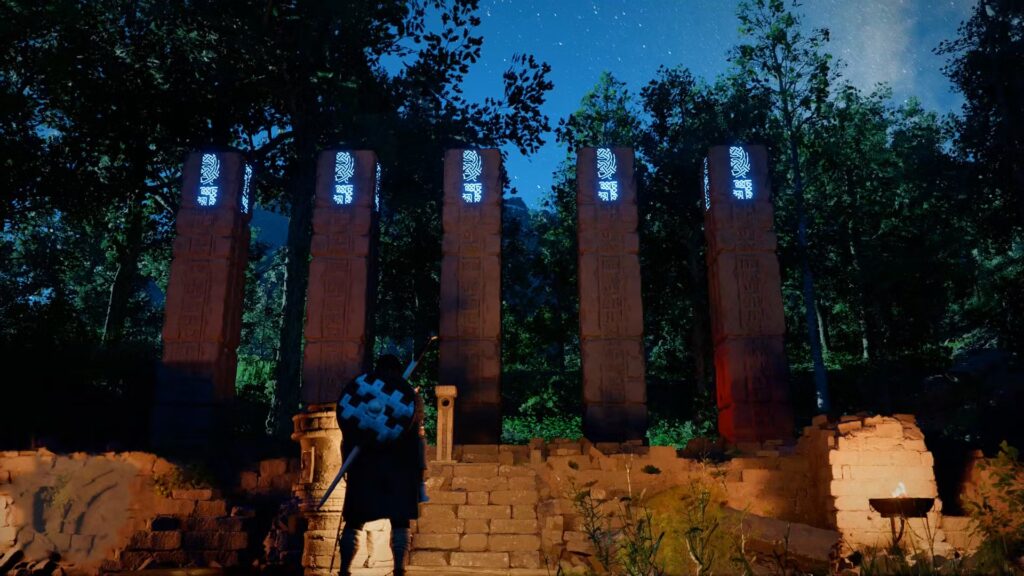 Rompecabezas del pilar de las ruinas antiguas de Duskwood en el desierto carmesí