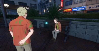 Radio y Old Man Lost Tales en NTE (banco cerca de la torre Wertheimer de Illusion Town)